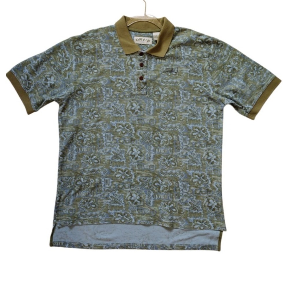 Orvis Polo Shirt Men's L Green Blue Floral Hawaiian Aloha Fishing Short Sleeves
